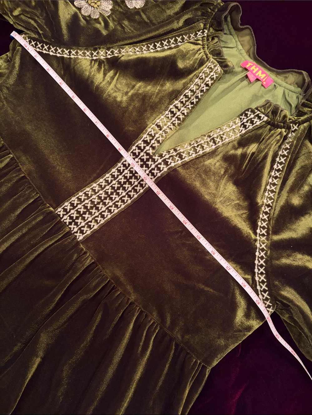 THML Velvet Olive Green Mini Dress with beautiful embroidered details. - Picture 4 of 9